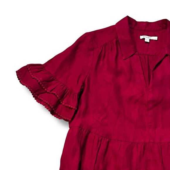 Chico's Linen Midi Dress Size 1 (8) Magenta Tiered Long Ruffle V Neck Pockets - Picture 5 of 11